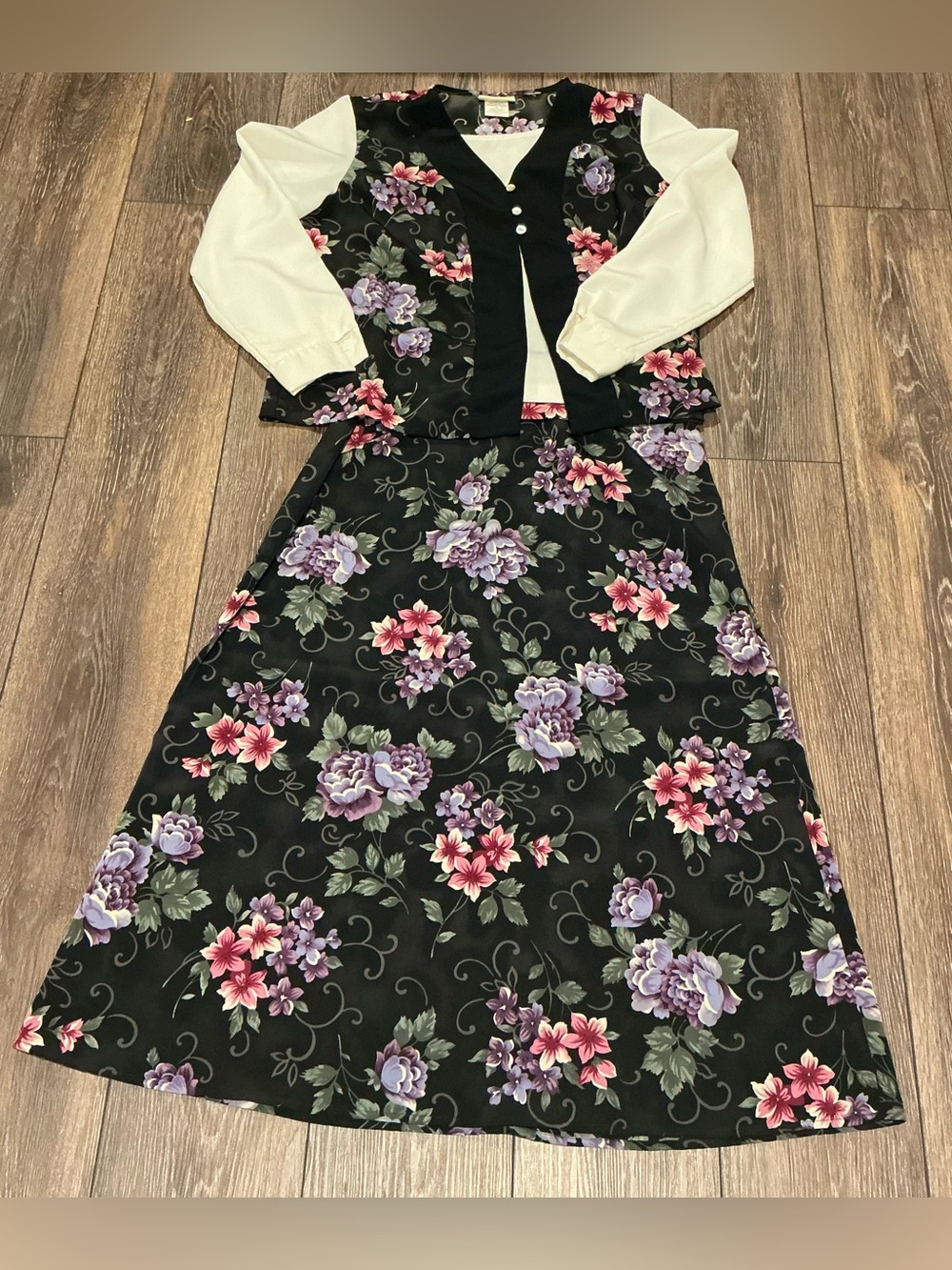 Vintage Jaclyn Smith Floral 2 Pc Skirt Set Faux Vest Top 14 Skirt 16